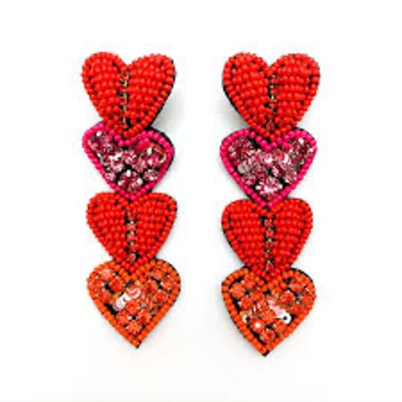 ALLIE BEADS Multi Heart Beaded Drop Earrings in Red ERS3434 3.25 in NEW NWT - Picture 1 of 5